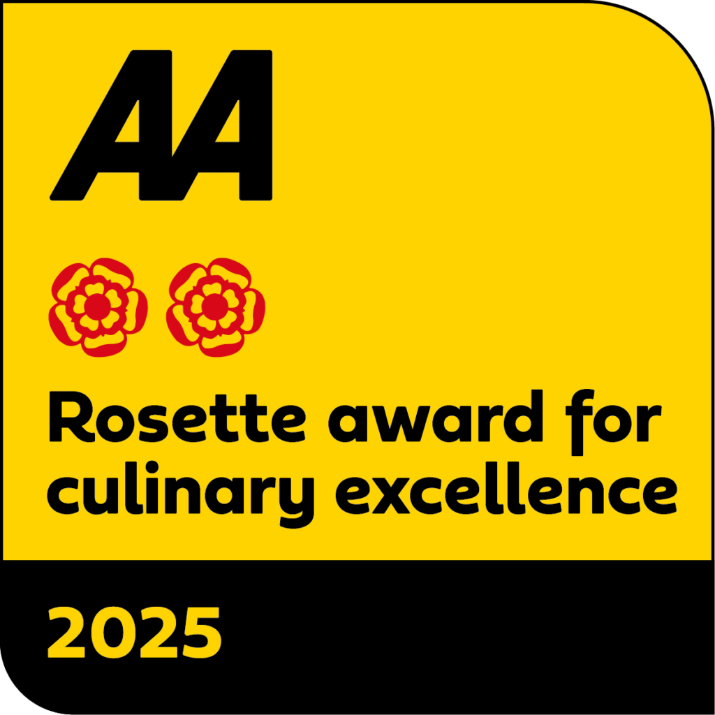 Hurley House - Yellow badge with bold black AA at the top, followed by two red rosettes. Text below reads Rosette award for culinary excellence. The year 2025 is printed at the bottom.