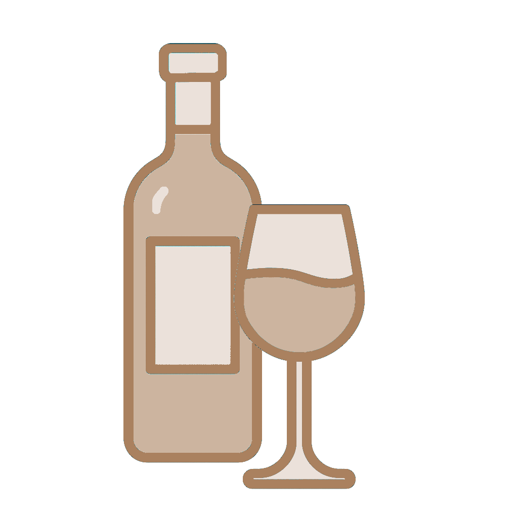Hurley House - Simple line drawing of a wine bottle and a filled wine glass, both outlined in brown with minimal detail, set against a light gray background.