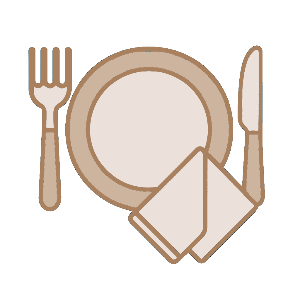 Hurley House - A simple illustration of a dining setup with a plate, fork on the left, knife on the right, and a folded napkin placed to the lower right of the plate. The design uses light brown and beige colors.