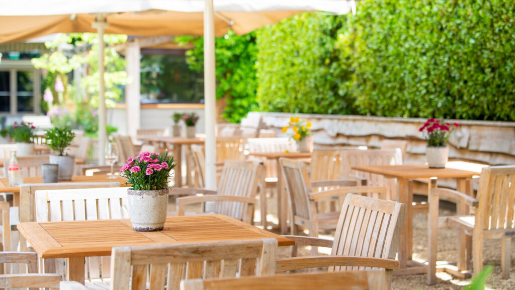 Hurley House - Outdoor café patio with light wooden tables and chairs, each table decorated with a potted flower. Green hedges and large umbrellas provide shade on a sunny day, creating a bright and inviting atmosphere.