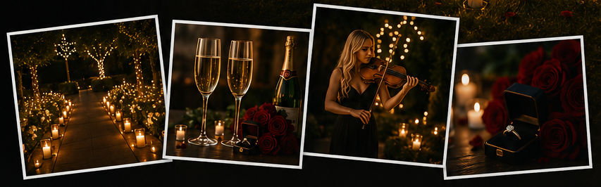 Hurley House - A romantic scene with a candle-lit path, champagne flutes, a woman playing violin, red roses, and an open ring box with a diamond ring, set outdoors at night.